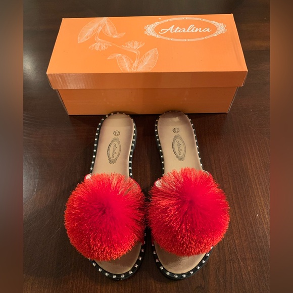 Atalina Red Pom Pom Open Toe Sandals Size 7.5 - Picture 3 of 4